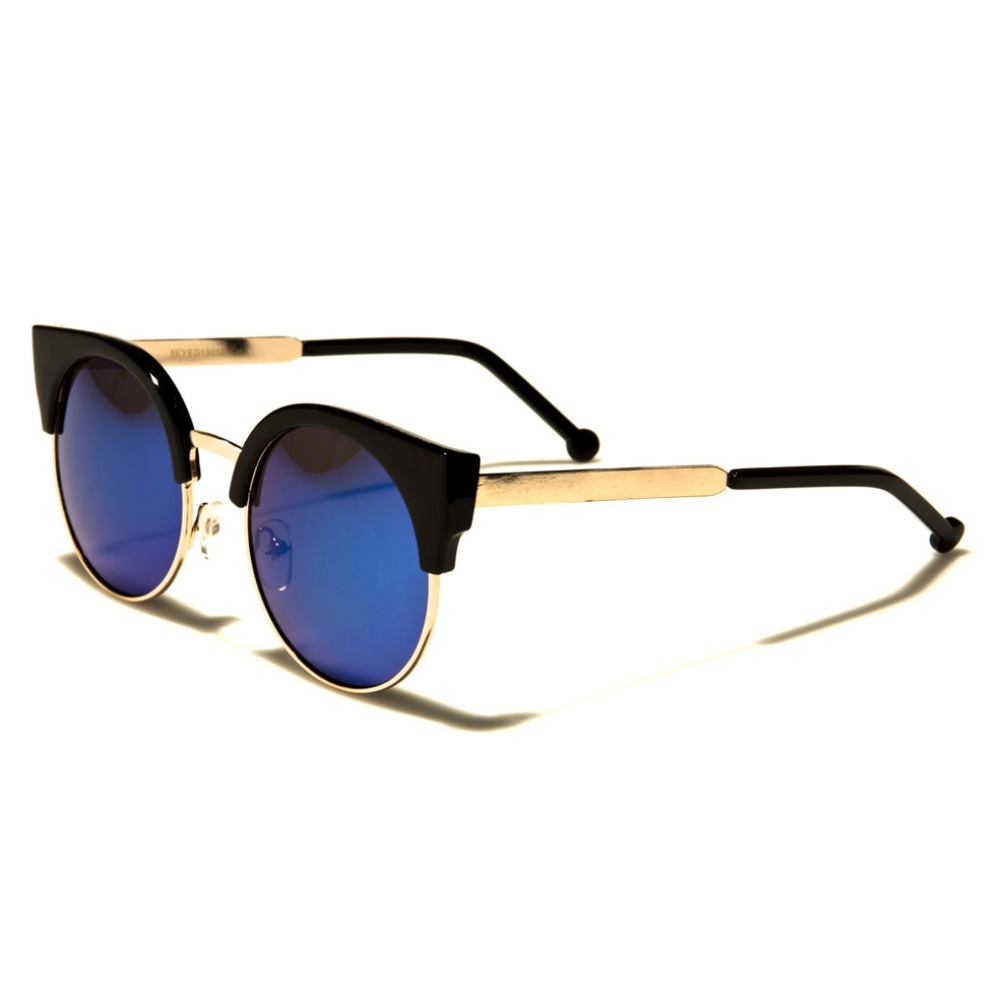 Round Cat Eye Mirrored Sunglasses Black Blue